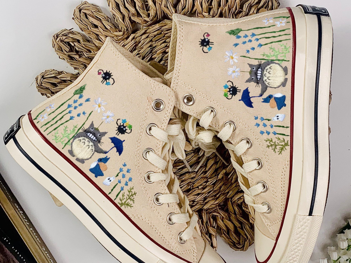 Converse Embroidered Custom Cartoon, Neighbor Totoro Embroidered Converse, Flower Converse, Embroidery Converse Chibi and Gibi