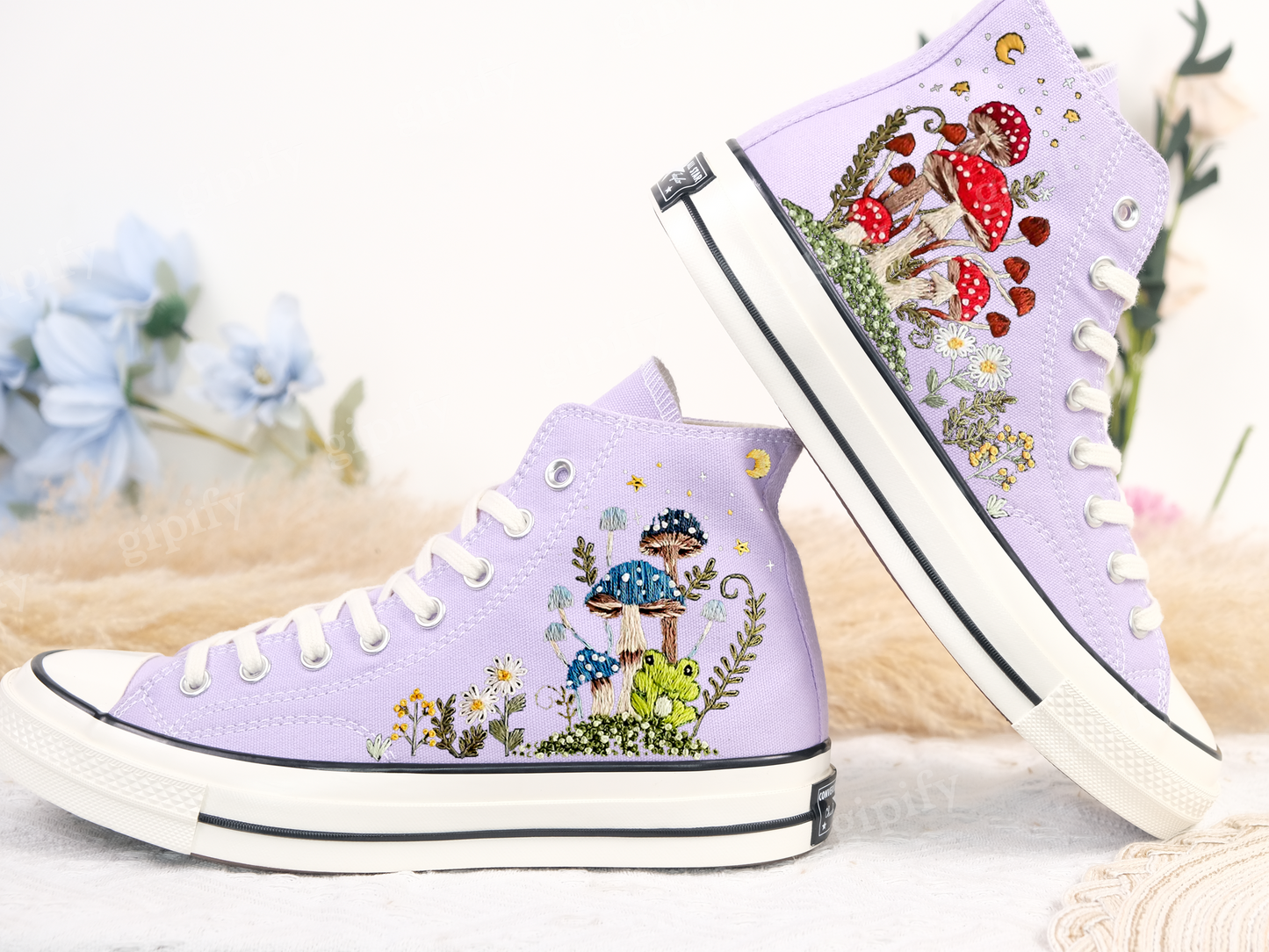 Embroidered Converse Mushroom and Frog, Converse High Tops Chuck Taylor Embroidered Frog & Mushroom, Mushrooms Embroidered Converse Custom