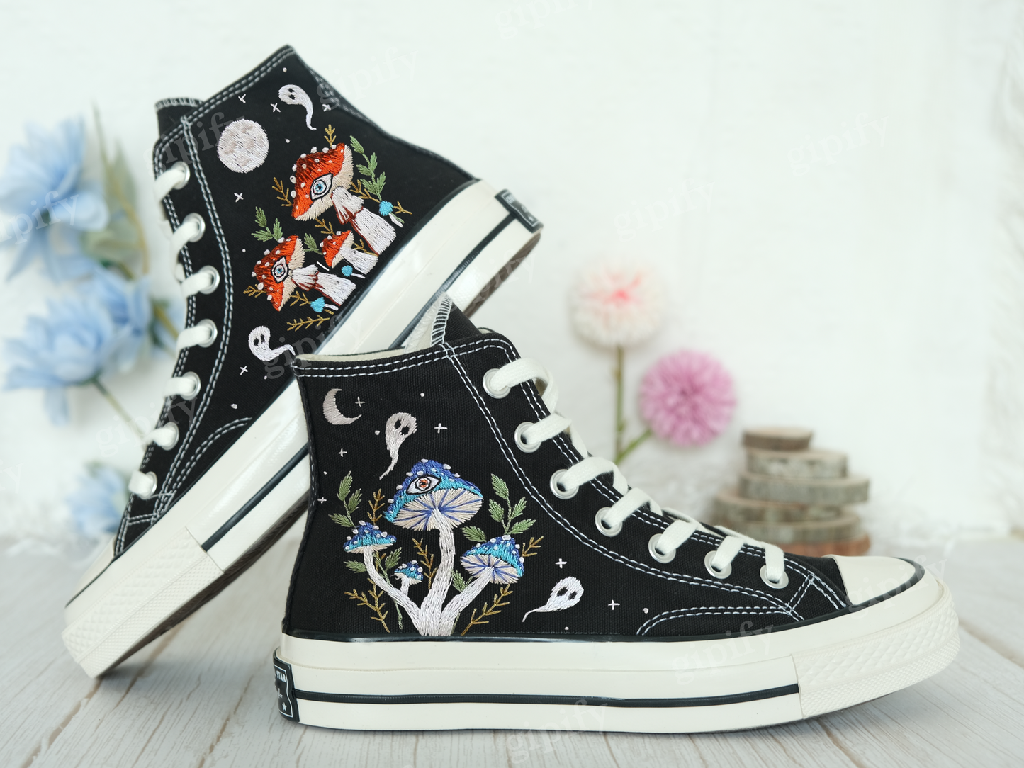 Custom Shoes Embroidered Ghosts and Mushrooms Sneakers/Custom Converse Chuck Taylor Embroidered Mushrooms/Mushrooms Embroidered Sneakers