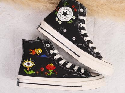 Converse Embroidered Custom Cartoon, Simpson Embroidered Converse, Flower Converse, Embroidery Converse Lisa and Simpson