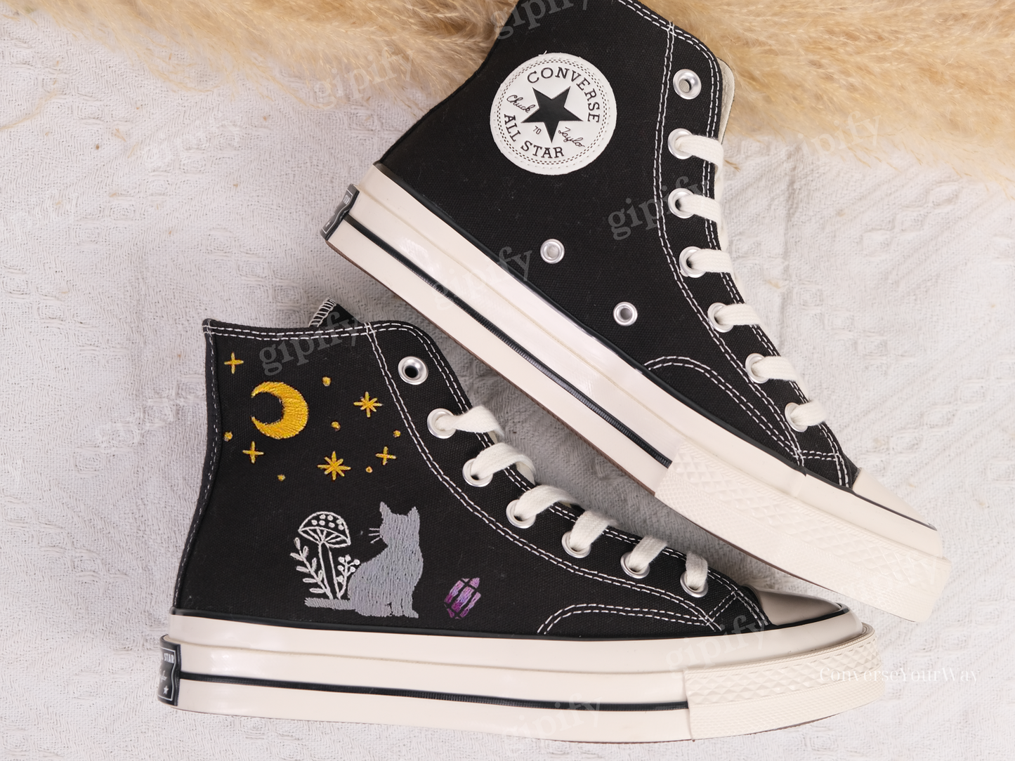 Custom Hand Converse Chuck Taylor 1970s Cat Mushroom Embroidered Converse All Star Converse Cat Moon and Stars Personalized Gifts For Her