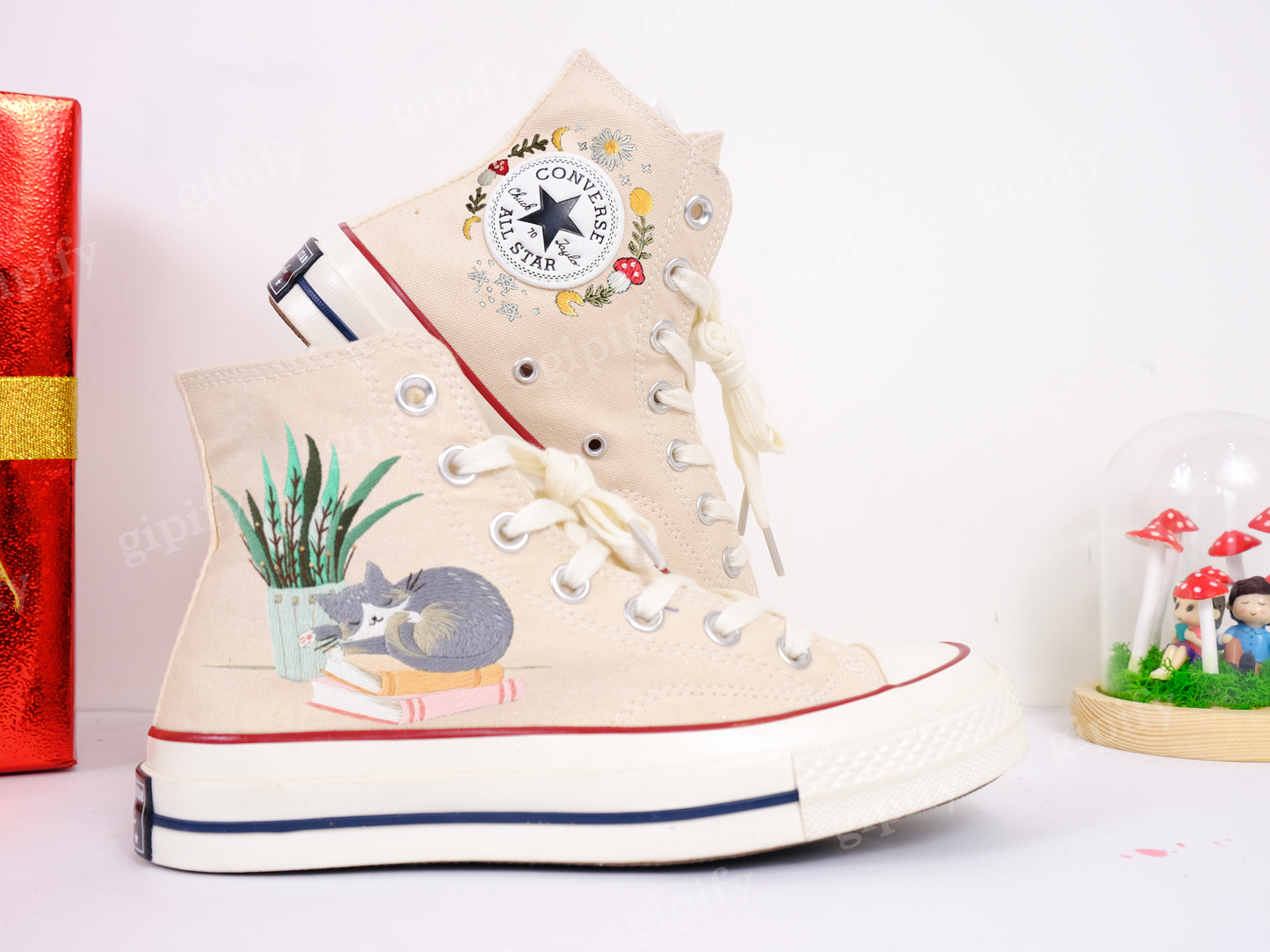 Custom Converse High Tops Chuck Taylor 1970s/Embroidered Flower and Cat Converse/Handmade embroidered cat pets shoes/Wedding gift for her