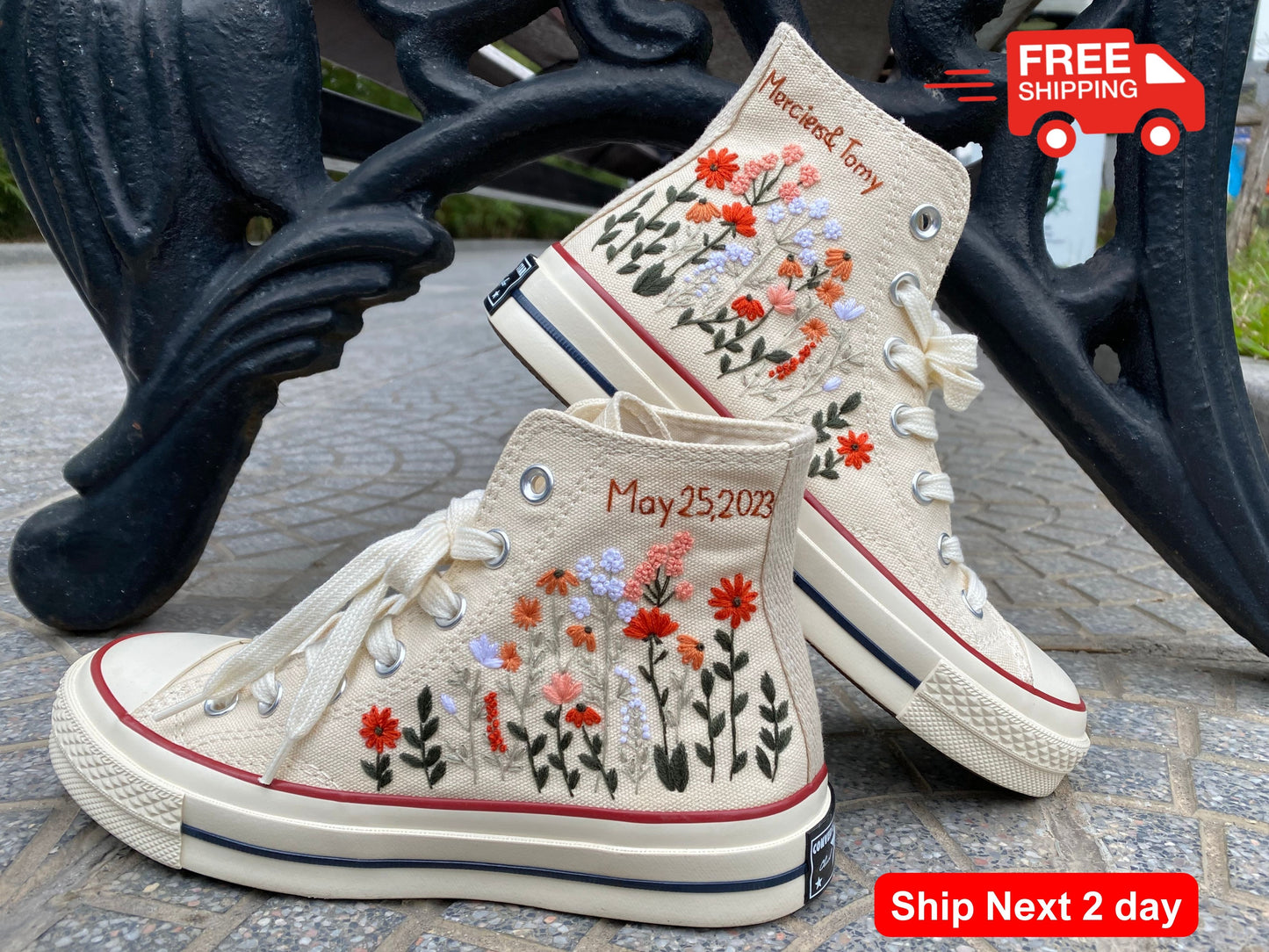 Custom Converse Platform/ Wedding Flowers Embroidered Platform Shoes/ Bridal Flowers Embroidered Sneakers/ Personalized Bridal Sneaker