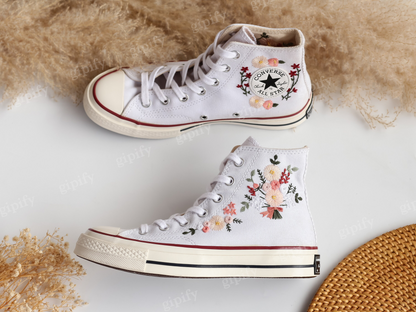 Wedding Converse High Tops, Bridal Wedding Bouquet Embroidered Shoes Taylor 1970 Custom, Wedding Flowers Embroidered Sneaker, Wedding Gifts