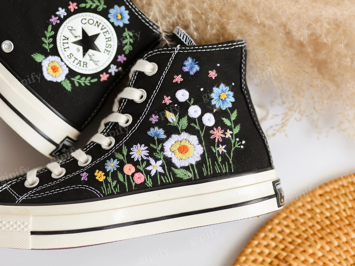 Embroidered Converse, Custom Converse Embroidered White Daisies and With Blue And Butterflies, Custom Converse High Top Chuck Taylor 1970s