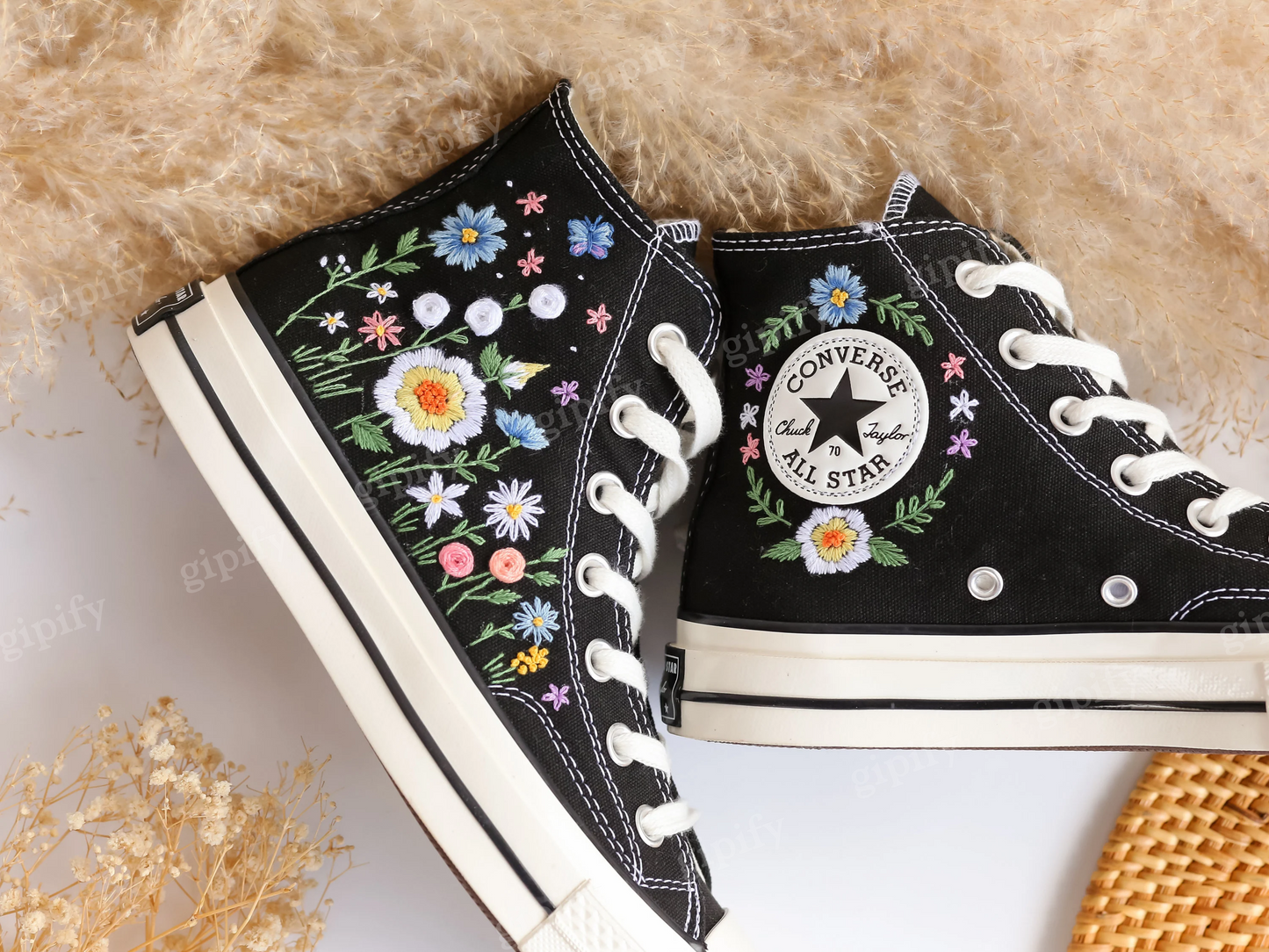 Embroidered Converse, Custom Converse Embroidered White Daisies and With Blue And Butterflies, Custom Converse High Top Chuck Taylor 1970s