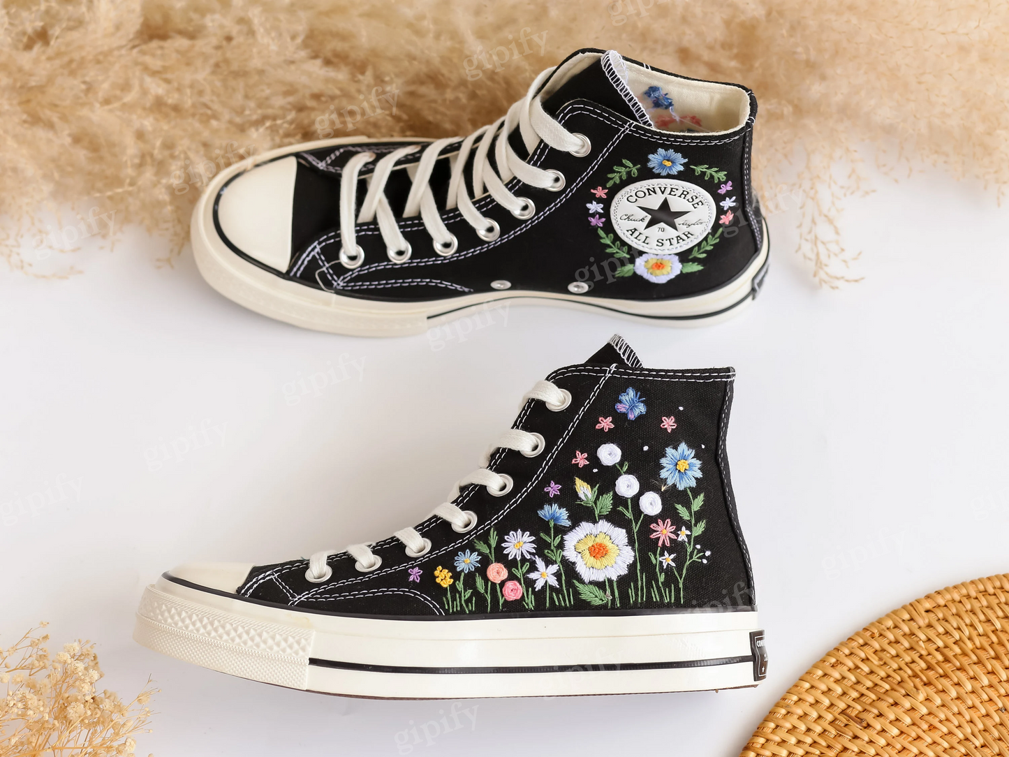 Embroidered Converse, Custom Converse Embroidered White Daisies and With Blue And Butterflies, Custom Converse High Top Chuck Taylor 1970s