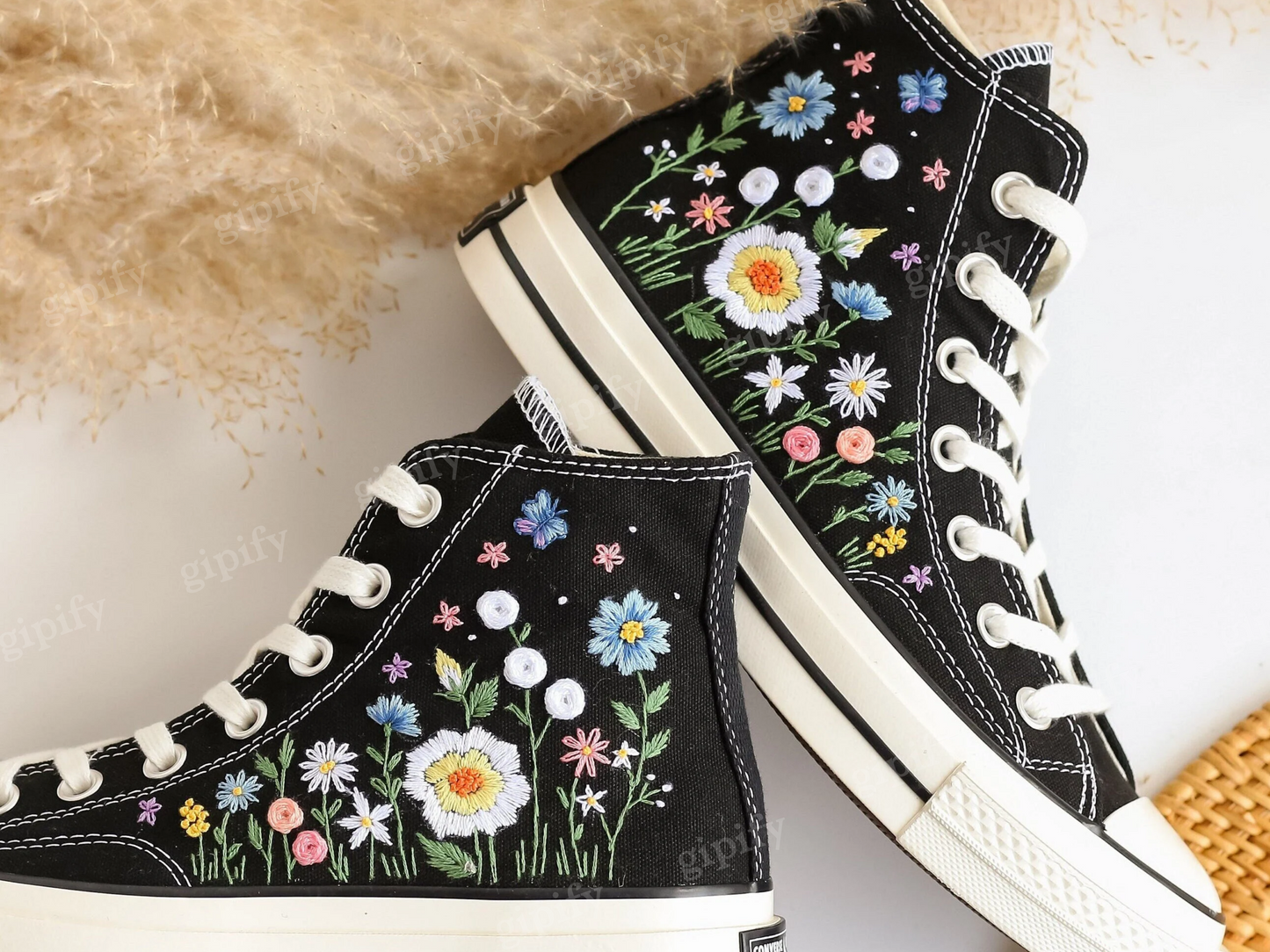 Embroidered Converse, Custom Converse Embroidered White Daisies and With Blue And Butterflies, Custom Converse High Top Chuck Taylor 1970s