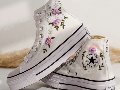 Custom Embroidered Wedding Sneakers, Wedding Flowers Embroidered Shoes for Bride, Bridal Flowers Embroidered Sneakers, Personalized Sneakers