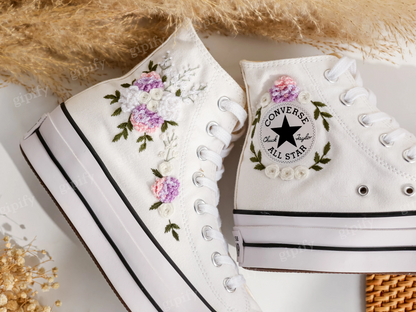 Custom Embroidered Wedding Sneakers, Wedding Flowers Embroidered Shoes for Bride, Bridal Flowers Embroidered Sneakers, Personalized Sneakers