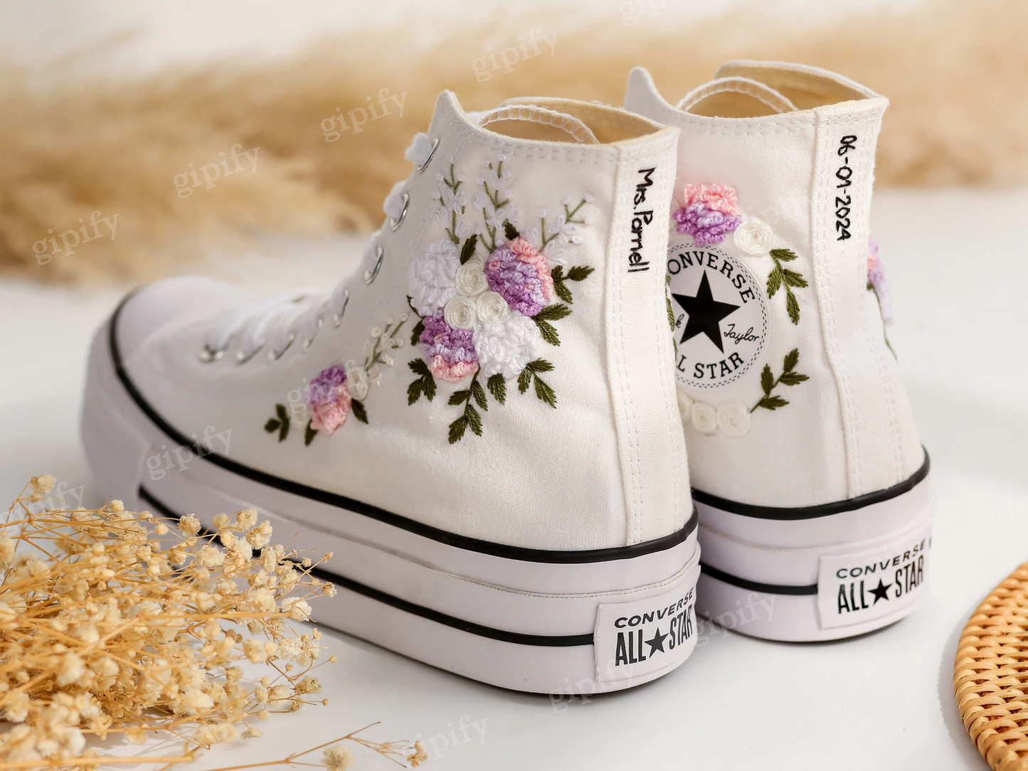 Custom Embroidered Wedding Sneakers, Wedding Flowers Embroidered Shoes for Bride, Bridal Flowers Embroidered Sneakers, Personalized Sneakers