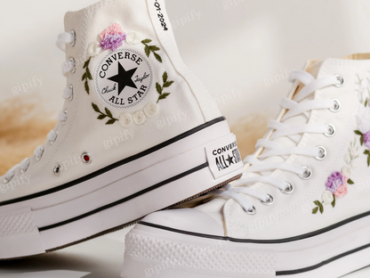 Custom Embroidered Wedding Sneakers, Wedding Flowers Embroidered Shoes for Bride, Bridal Flowers Embroidered Sneakers, Personalized Sneakers