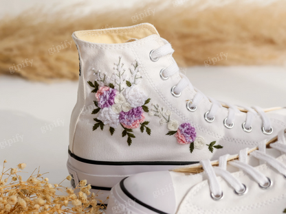 Custom Embroidered Wedding Sneakers, Wedding Flowers Embroidered Shoes for Bride, Bridal Flowers Embroidered Sneakers, Personalized Sneakers