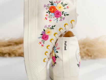 Custom Embroidered Wedding Sneakers, Wedding Flowers Embroidered Shoes, Bridal Flowers Embroidered Sneakers, Personalized Bridal Sneakers