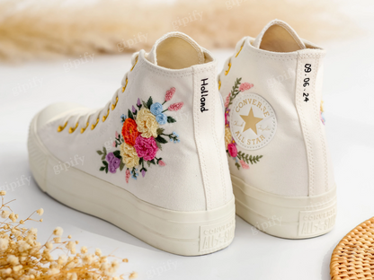 Custom Embroidered Wedding Sneakers, Wedding Flowers Embroidered Shoes, Bridal Flowers Embroidered Sneakers, Personalized Bridal Sneakers