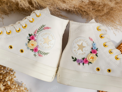 Custom Embroidered Wedding Sneakers, Wedding Flowers Embroidered Shoes, Bridal Flowers Embroidered Sneakers, Personalized Bridal Sneakers