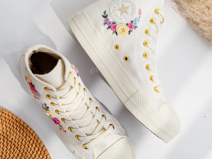 Custom Embroidered Wedding Sneakers, Wedding Flowers Embroidered Shoes, Bridal Flowers Embroidered Sneakers, Personalized Bridal Sneakers