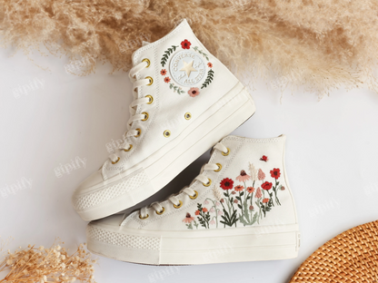 Platform Converse, Flowers Embroidered Wedding Converse Platform Shoes, Wedding Sneakers for Bride, Floral Embroidered Converse Platform