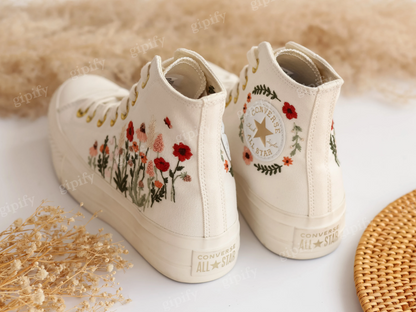 Platform Converse, Flowers Embroidered Wedding Converse Platform Shoes, Wedding Sneakers for Bride, Floral Embroidered Converse Platform