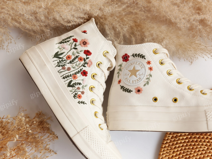 Platform Converse, Flowers Embroidered Wedding Converse Platform Shoes, Wedding Sneakers for Bride, Floral Embroidered Converse Platform