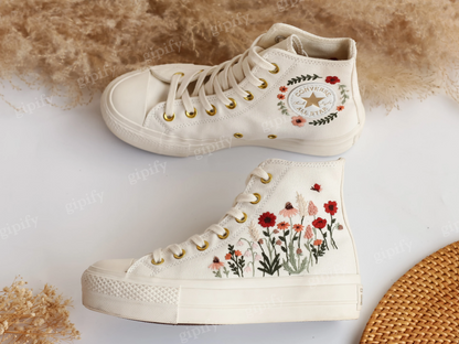 Platform Converse, Flowers Embroidered Wedding Converse Platform Shoes, Wedding Sneakers for Bride, Floral Embroidered Converse Platform