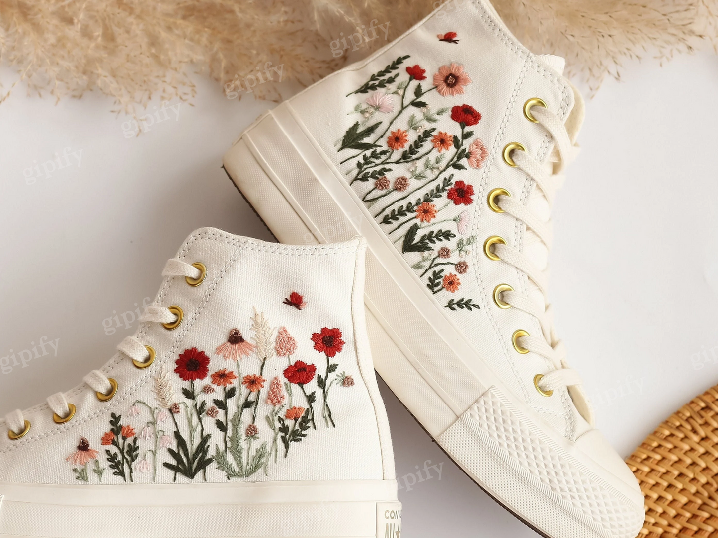 Platform Converse, Flowers Embroidered Wedding Converse Platform Shoes, Wedding Sneakers for Bride, Floral Embroidered Converse Platform