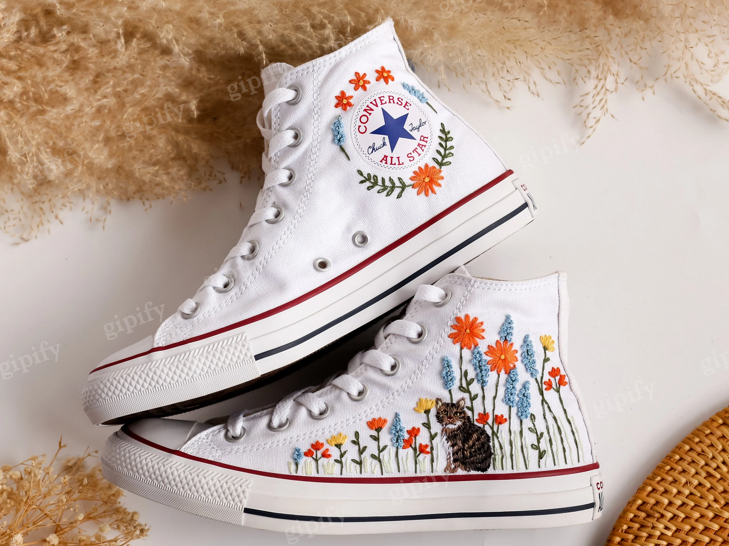 Custom Embroidered Converse High Tops, Custom Shoes Flower and Cat Embroidered, Custom Converse Embroidered Pet and Floral, Custom Pet Gifts