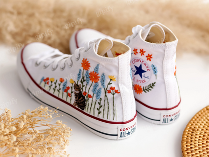 Custom Embroidered Converse High Tops, Custom Shoes Flower and Cat Embroidered, Custom Converse Embroidered Pet and Floral, Custom Pet Gifts