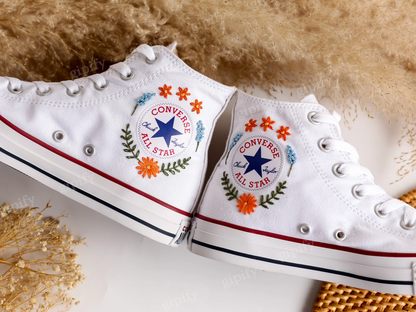 Custom Embroidered Converse High Tops, Custom Shoes Flower and Cat Embroidered, Custom Converse Embroidered Pet and Floral, Custom Pet Gifts