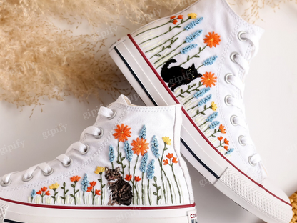 Custom Embroidered Converse High Tops, Custom Shoes Flower and Cat Embroidered, Custom Converse Embroidered Pet and Floral, Custom Pet Gifts