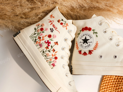 Custom Wedding Sneakers, Wedding Flowers Embroidered Shoes, Bridal Flowers Embroidered Converse Custom, Wedding Flowers Embroidered Sneakers