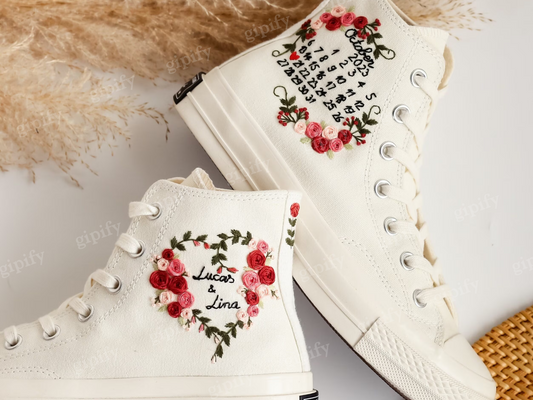 Wedding Converse for Bride, Custom Embroidered Converse Platform, Wedding Flowers Embroidered Platform Shoes, Personalized Bridal Sneaker