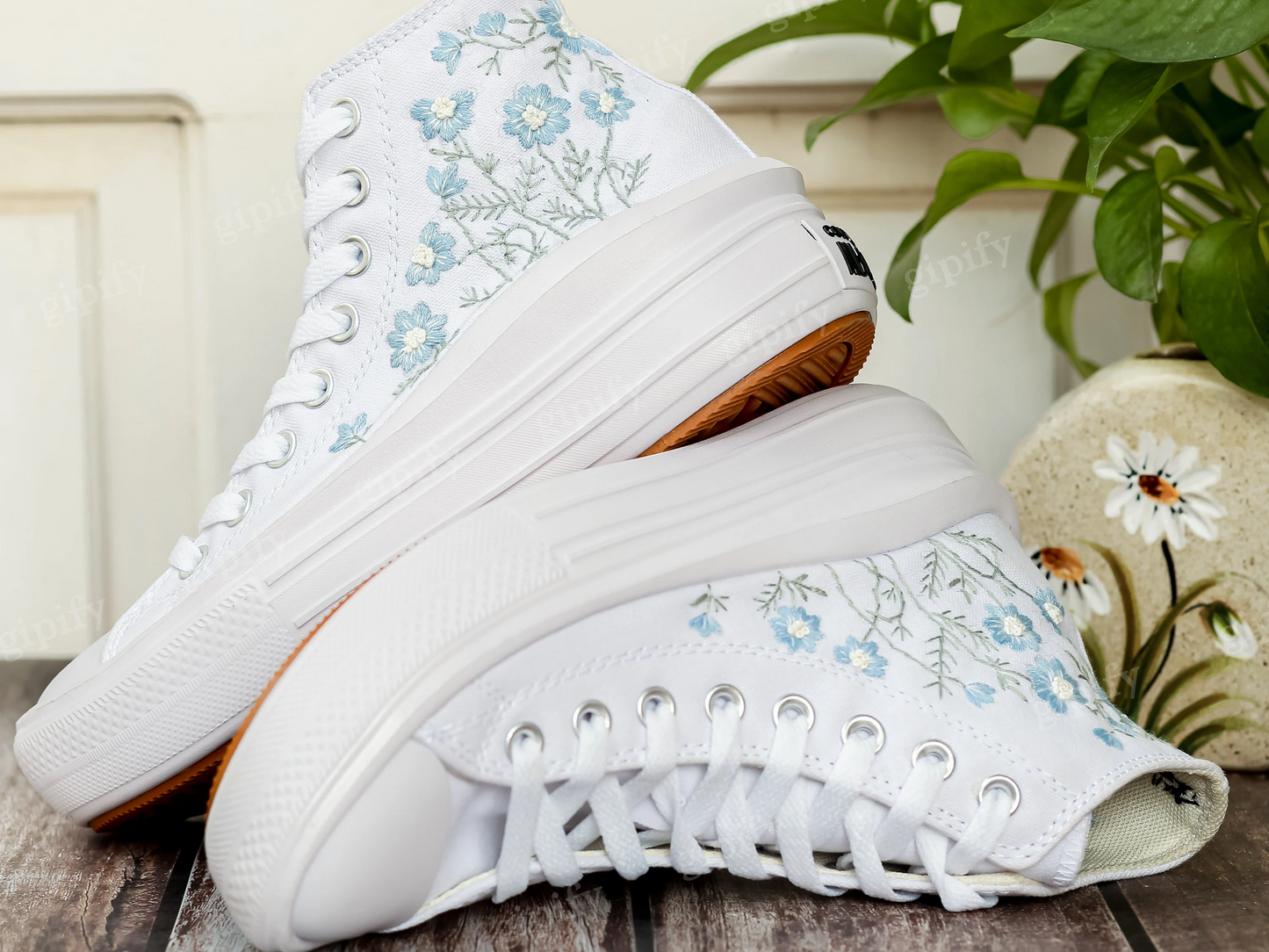 Custom Converse Platform, Wedding Blue Flowers Embroidered Shoes for Bride, Blue Wildflowers Embroidered Shoes Platform, Bridal Sneaker