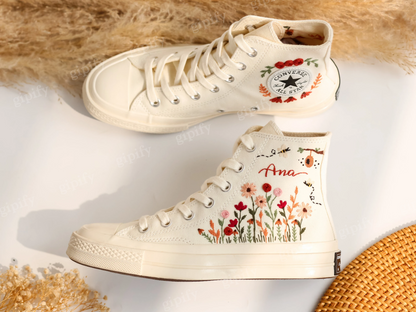 Custom Wedding Sneakers, Wedding Flowers Embroidered Shoes, Bridal Flowers Embroidered Converse Custom, Wedding Flowers Embroidered Sneakers