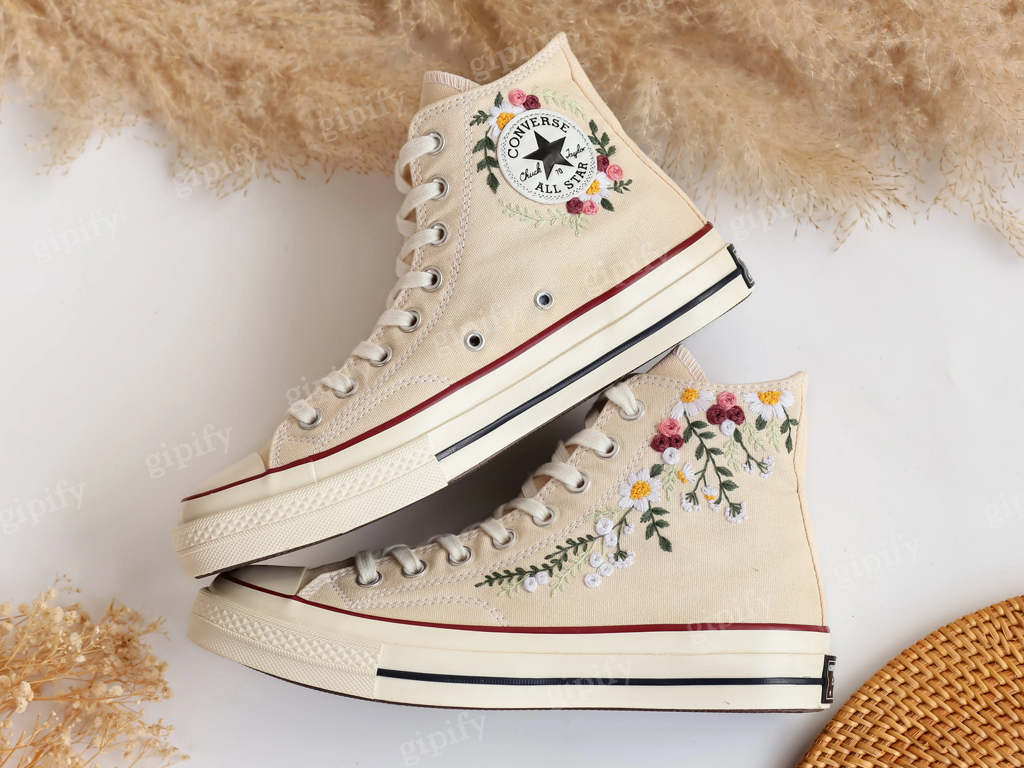 Custom Embroidered Converse High Tops Chuck Taylor, Embroidered Flower Converse Custom, Flower Embroidered Shoes Custom, Valentine Gifts