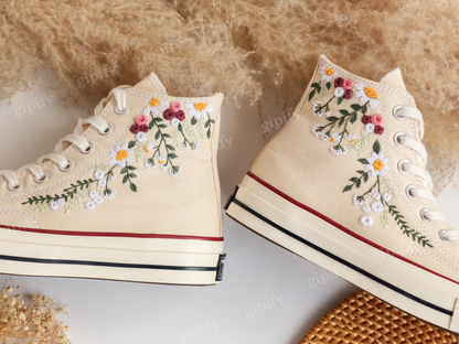 Custom Embroidered Converse High Tops Chuck Taylor, Embroidered Flower Converse Custom, Flower Embroidered Shoes Custom, Valentine Gifts