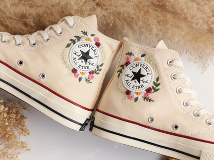 Custom Embroidered Converse High Tops Chuck Taylor, Embroidered Flower Converse Custom, Flower Embroidered Shoes Custom, Valentine Gifts