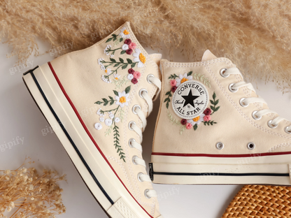 Custom Embroidered Converse High Tops Chuck Taylor, Embroidered Flower Converse Custom, Flower Embroidered Shoes Custom, Valentine Gifts