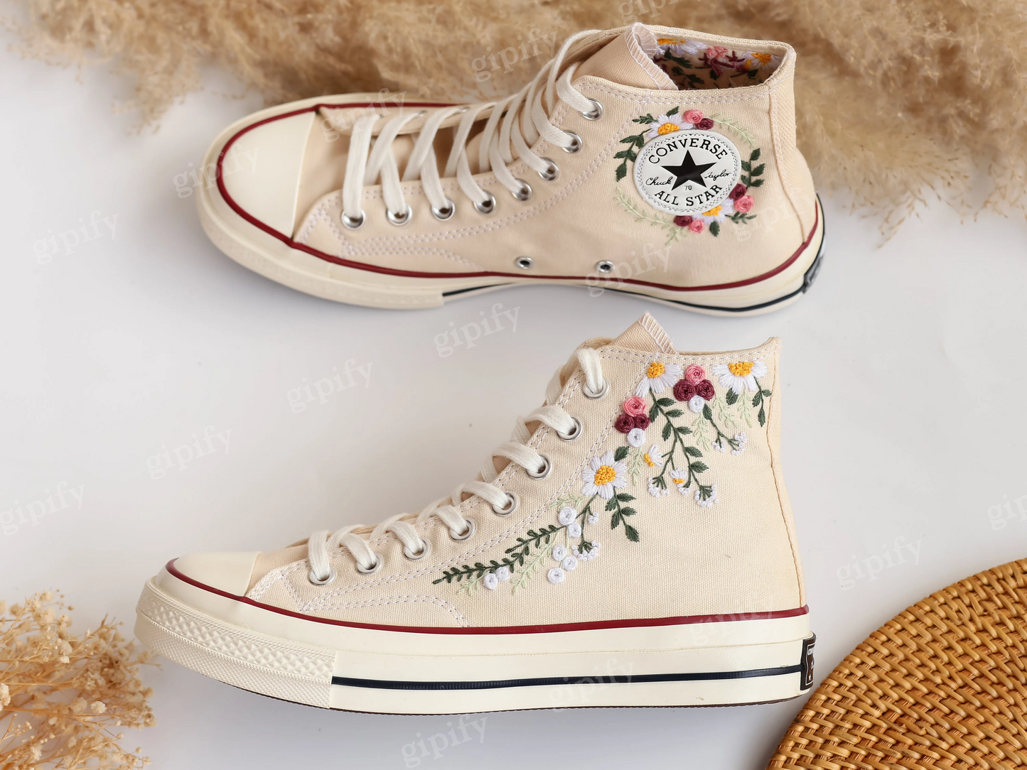 Custom Embroidered Converse High Tops Chuck Taylor, Embroidered Flower Converse Custom, Flower Embroidered Shoes Custom, Valentine Gifts