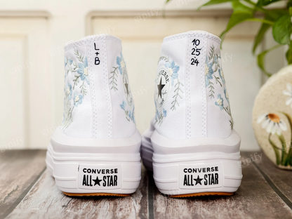 Custom Converse Platform, Wedding Blue Flowers Embroidered Shoes for Bride, Blue Wildflowers Embroidered Shoes Platform, Bridal Sneaker