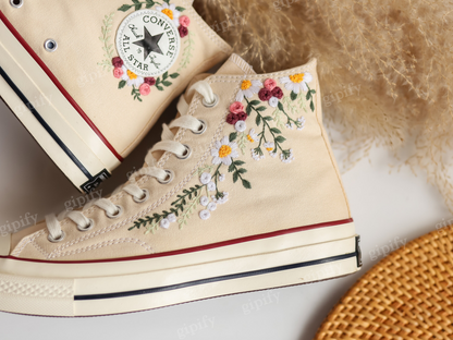 Custom Embroidered Converse High Tops Chuck Taylor, Embroidered Flower Converse Custom, Flower Embroidered Shoes Custom, Valentine Gifts