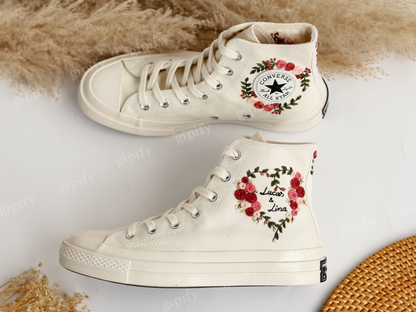 Wedding Converse for Bride, Custom Embroidered Converse Platform, Wedding Flowers Embroidered Platform Shoes, Personalized Bridal Sneaker