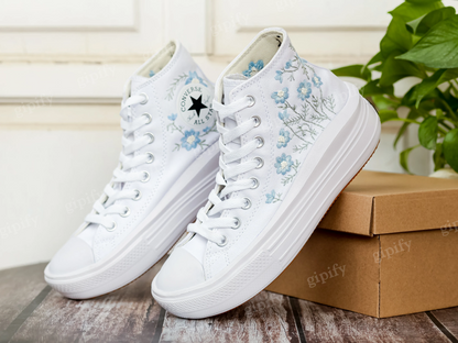 Custom Converse Platform, Wedding Blue Flowers Embroidered Shoes for Bride, Blue Wildflowers Embroidered Shoes Platform, Bridal Sneaker