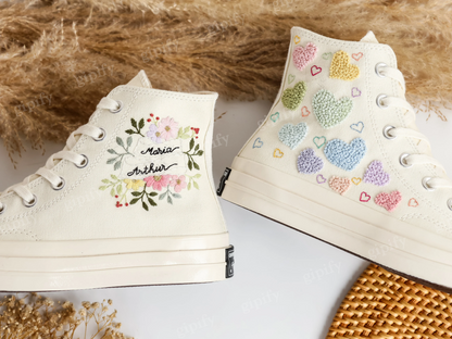 Embroidered Converse Heart, Flower Embroidery Wedding Converse Shoes, Custom Converse Embroidered Name Bridal Flower, Heart, Wedding Sneaker