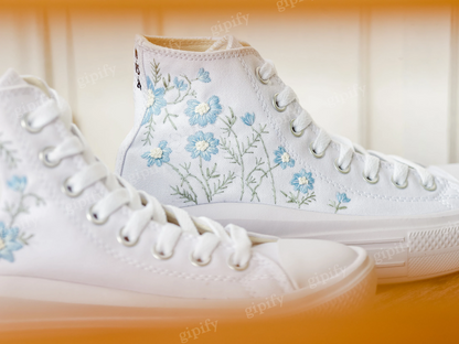 Custom Converse Platform, Wedding Blue Flowers Embroidered Shoes for Bride, Blue Wildflowers Embroidered Shoes Platform, Bridal Sneaker