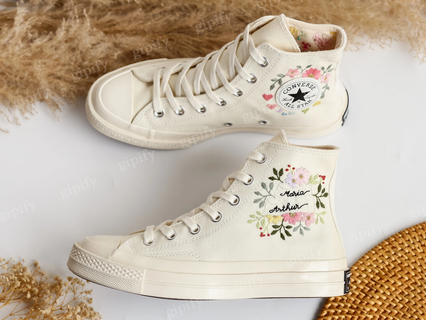 Embroidered Converse Heart, Flower Embroidery Wedding Converse Shoes, Custom Converse Embroidered Name Bridal Flower, Heart, Wedding Sneaker