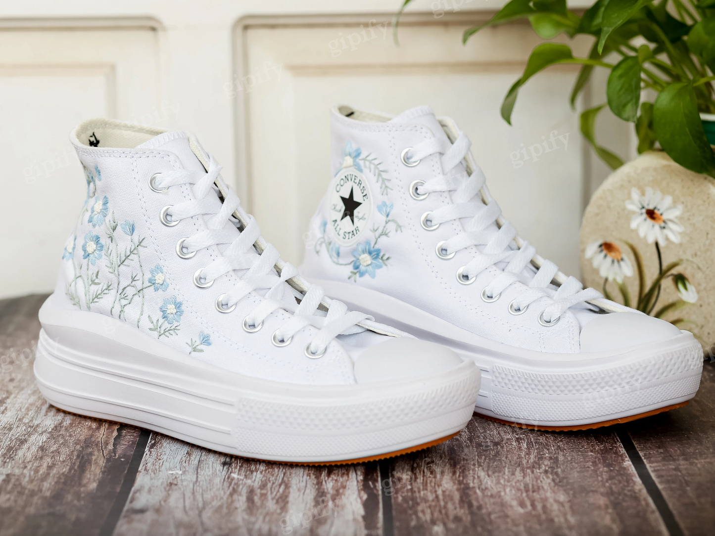 Custom Converse Platform, Wedding Blue Flowers Embroidered Shoes for Bride, Blue Wildflowers Embroidered Shoes Platform, Bridal Sneaker