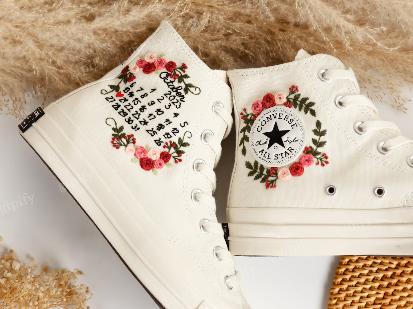 Wedding Converse for Bride, Custom Embroidered Converse Platform, Wedding Flowers Embroidered Platform Shoes, Personalized Bridal Sneaker