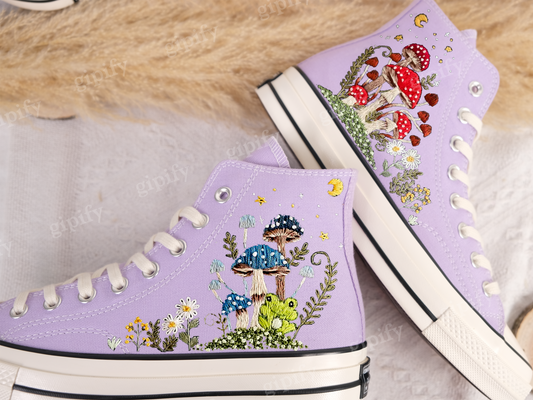 Embroidered Converse Mushroom and Frog, Converse High Tops Chuck Taylor Embroidered Frog & Mushroom, Mushrooms Embroidered Converse Custom