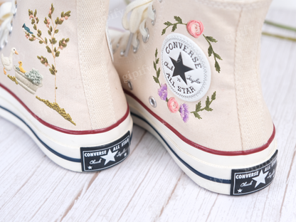 Custom Converse Wedding Sneakers/ duck + Flowers Embroidered Shoes/ Bridal Flowers + Pet Embroidered Sneakers/ Personalized Bride Shoes